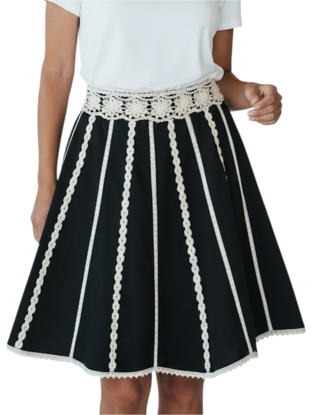 Crochet Trim Black A-Line Skirt - Cream Detail